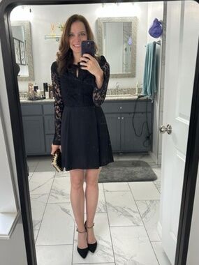 Rebecca Minkoff Black Lace Long-Sleeve Mira Pleated Dress LBD Size 4